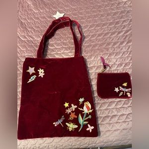 NWT embroidered red velvet tote bag NWOT matching zippered pouch